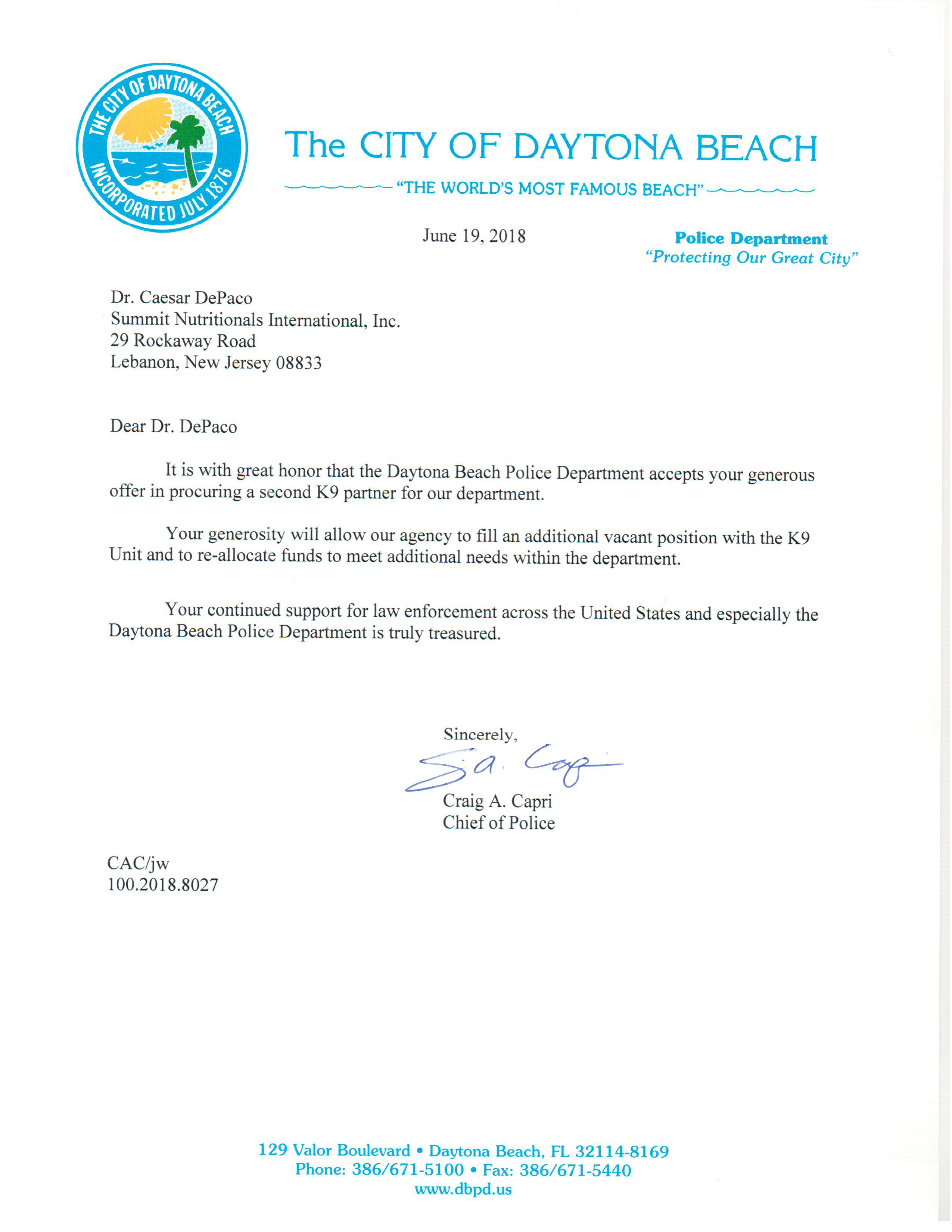 Donation to the Daytona Beach Police Department